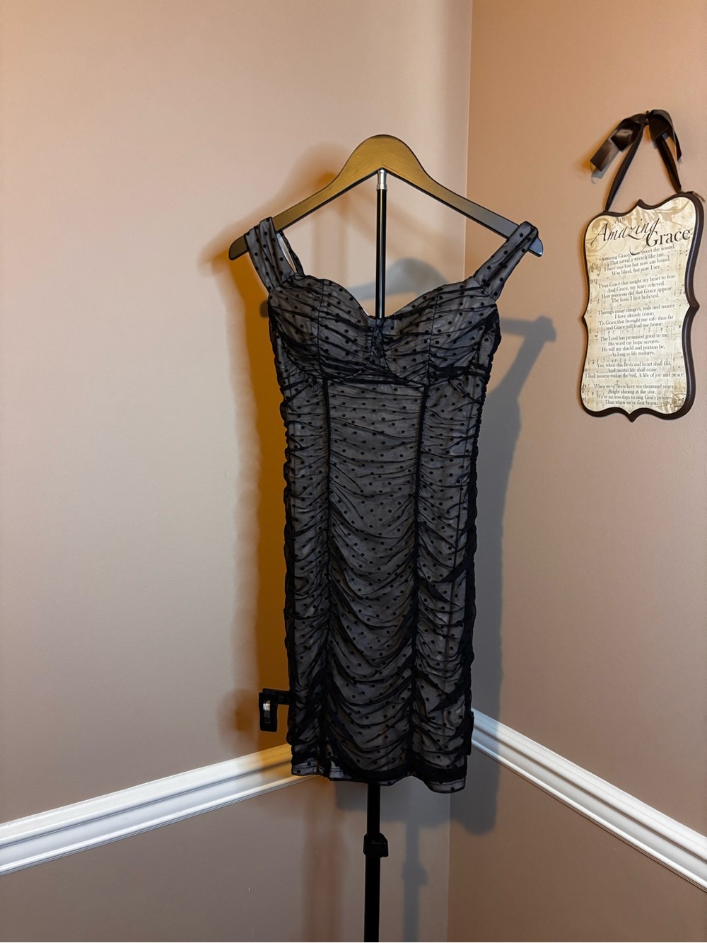 I. N. Black Sheer Polka Dot Ruched Mini Dress with Sweetheart Neckline